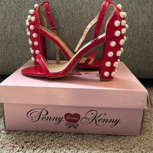 Red Patent leather pearl high heel sandals